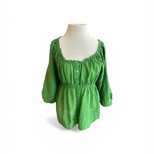 Fei Anthropologie Green Peasant Button-Up Blouse Silk Cotton Boho Cottage Core